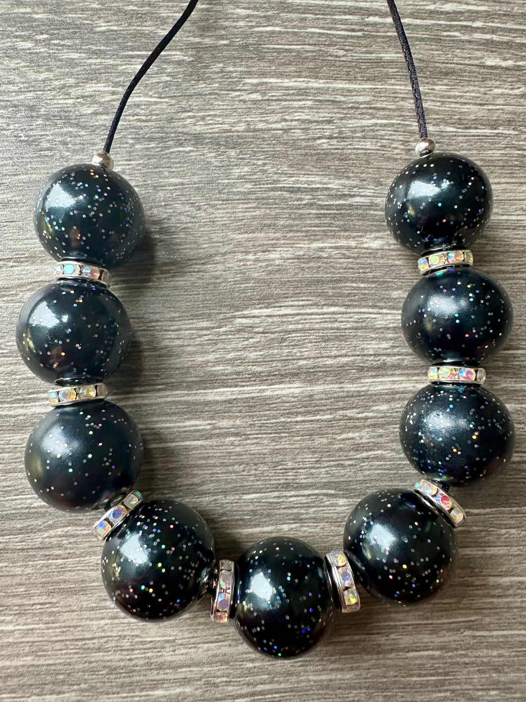 New Year- black glitter pearl with rhinestones spacers